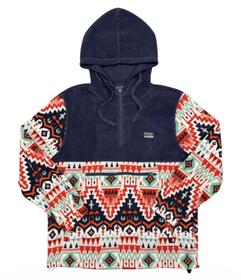 Free Nature Mens Large Fleece Hoodie Quarter Zip Aztec Southwest Pullover Navy